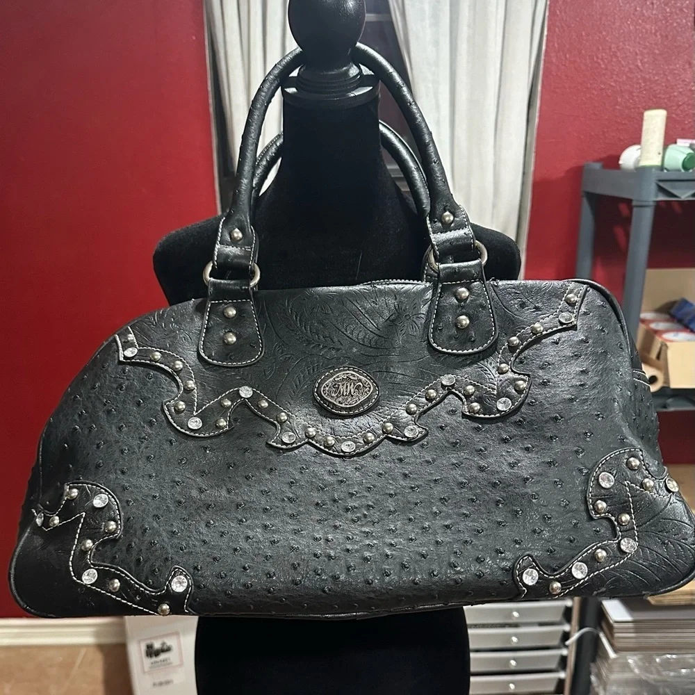 Montana West Black Ostrich Embossed Satchel Rhinestone Studded Western Purse